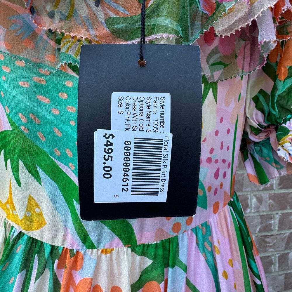 Jessie Liu Silk Summer Floral Tiered Ruffled Midi Dress Resort Pink NWT Small - Picture 8 of 9